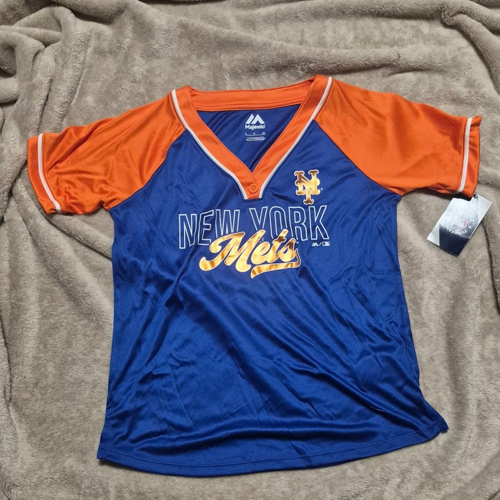 Majestic New York Mets MLB Jersey Shirt Womens Small Blue Orange V-Neck NWT